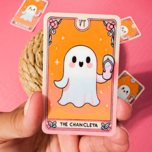 Unleash some spooky vibes with our Tarot-Inspired Ghost Holding a Chancleta Sticker!