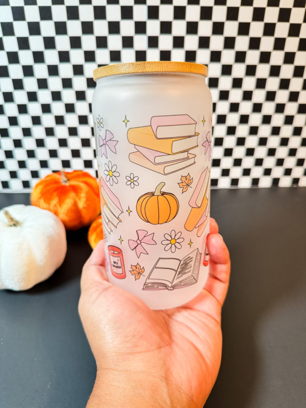 16oz frosted Fall Bookish glass can