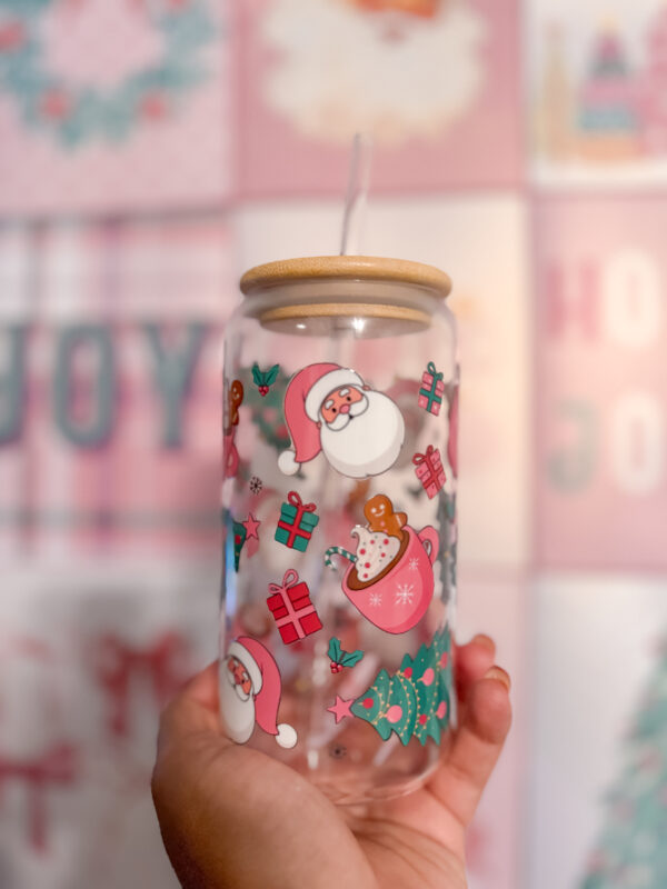 Santa Claus Holiday 16oz Glass Can Cup with Lid & Straw